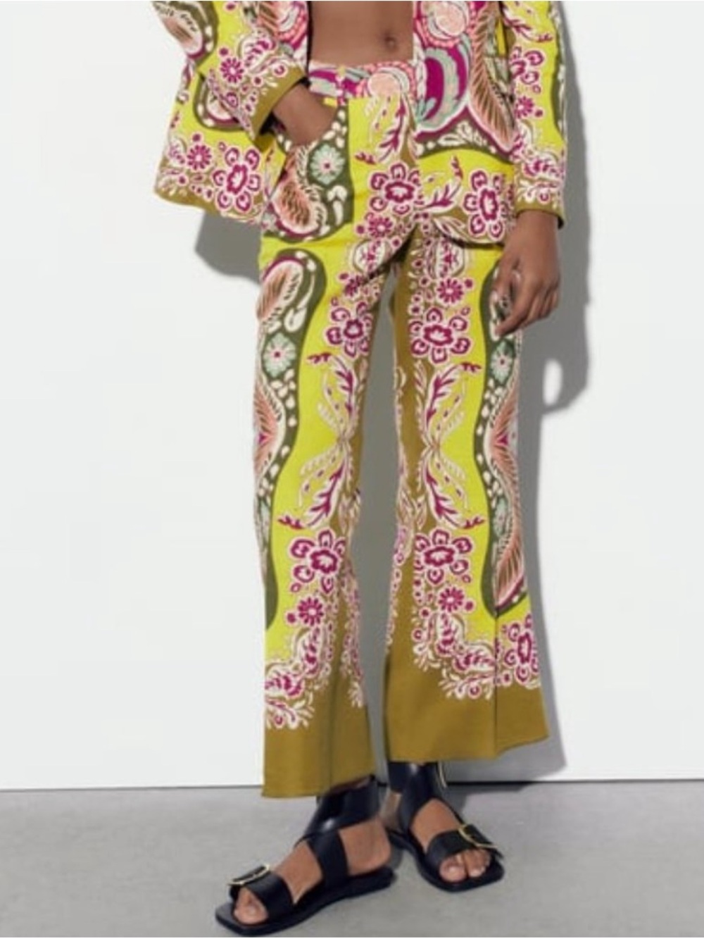 ZARA Flared Paisley Cropped Trousers In Linen Blend SZ XL